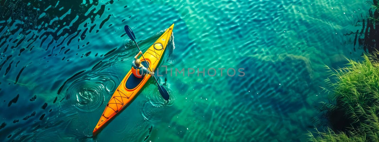 Aerial view of a person kayaking on a serene lake, surrounded by lush nature