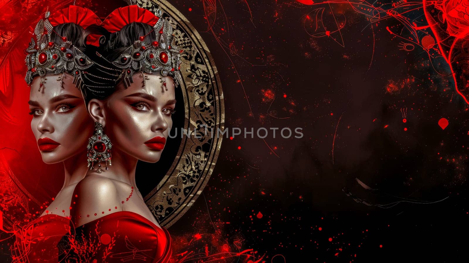 Twin models adorned in gothic makeup and regal attire against a red backdrop by Edophoto