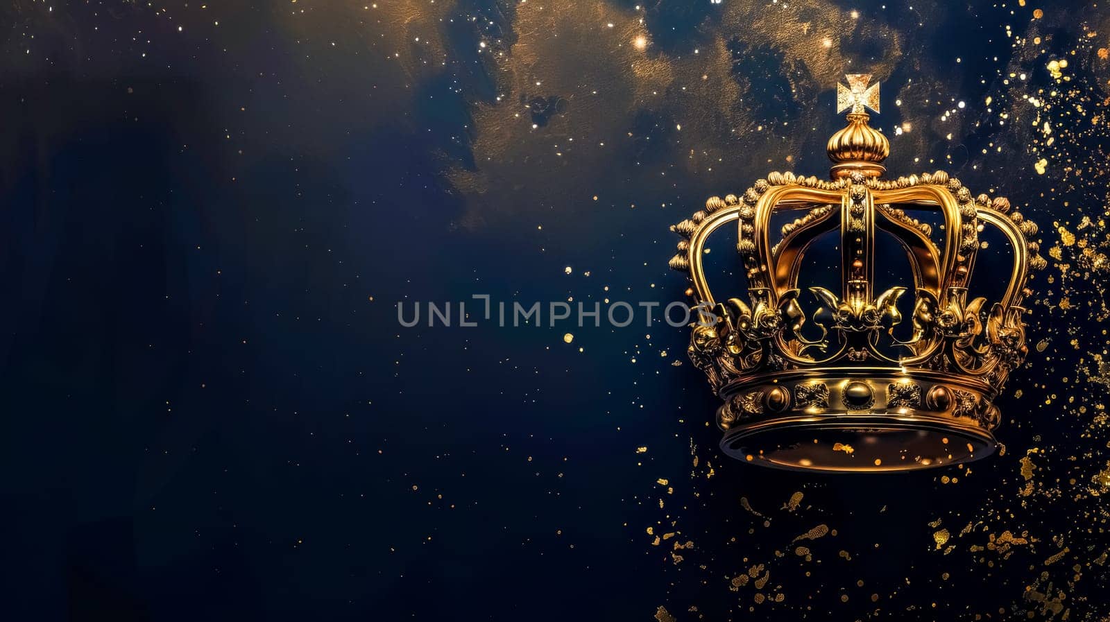 Royal golden crown floating amidst glittering particles in a mystical dark ambiance