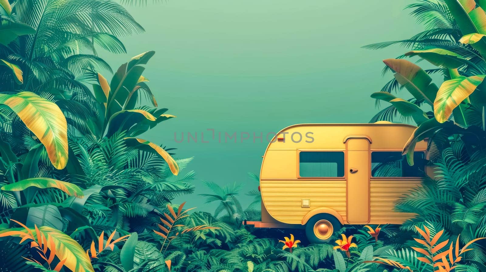 Stylized vintage caravan surrounded by lush tropical foliage and flowers