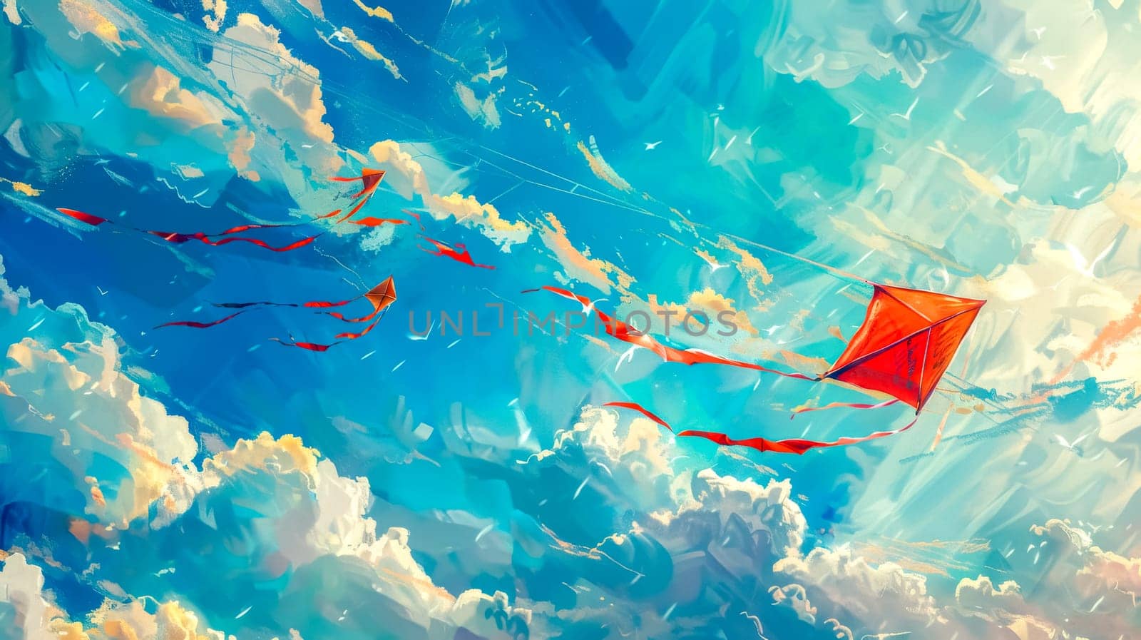 Whimsical digital painting of red kites soaring amidst fluffy clouds on a sunny day