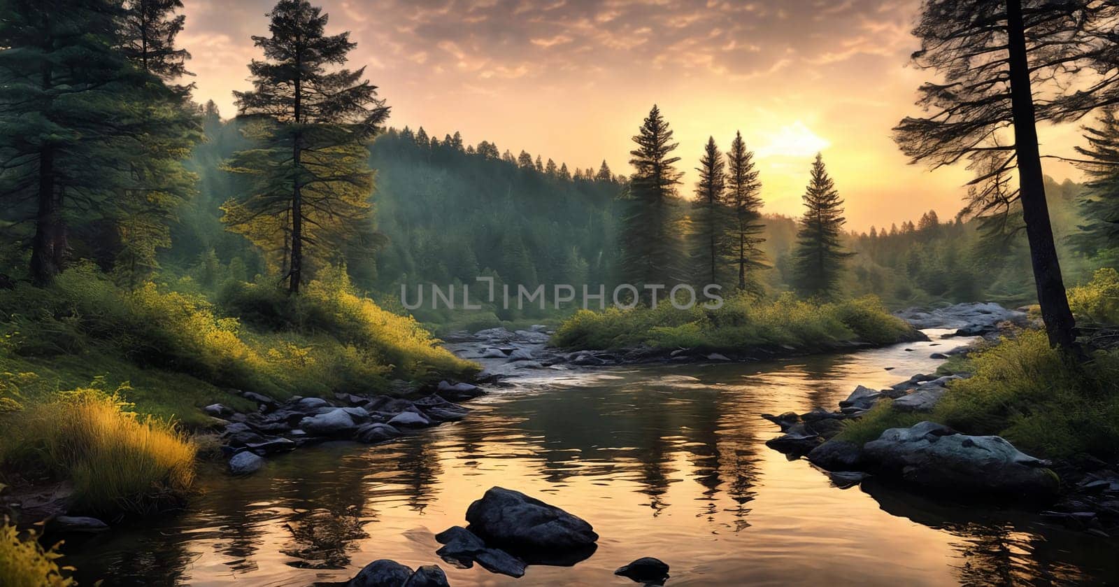 A vibrant sunset paints the sky above a tranquil forest river. Generative AI. by GoodOlga