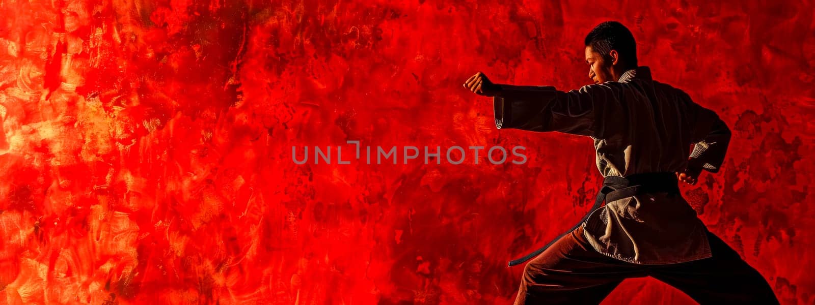 Silhouette of a martial artist performing a strike in front of a vivid red backdrop