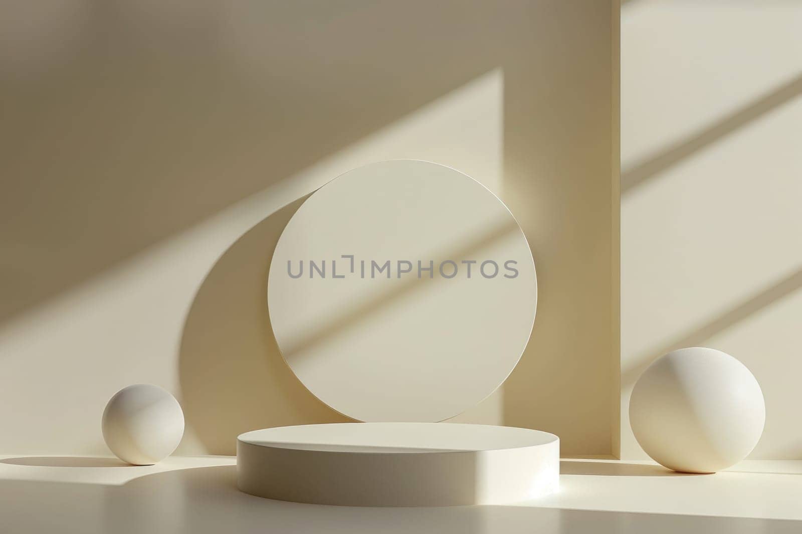 3D render of a minimalist circular podium, surrounded by floating geometric shapes, soft white background by AI generated image by wichayada