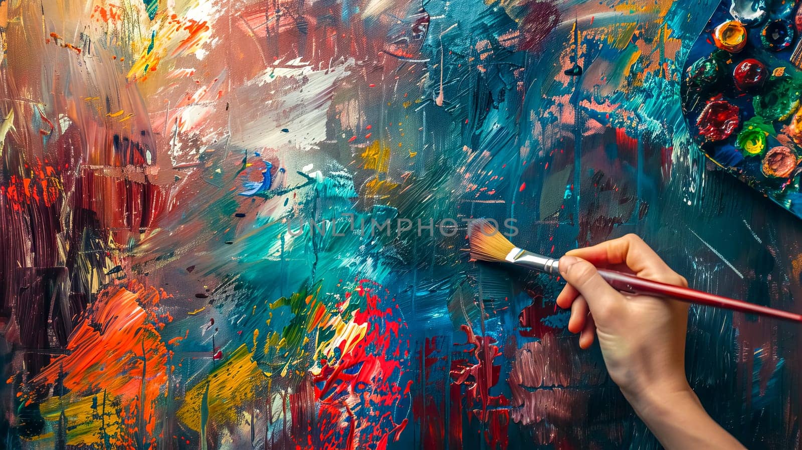 Close-up of a painter's hand using a brush on a vibrant, textured canvas