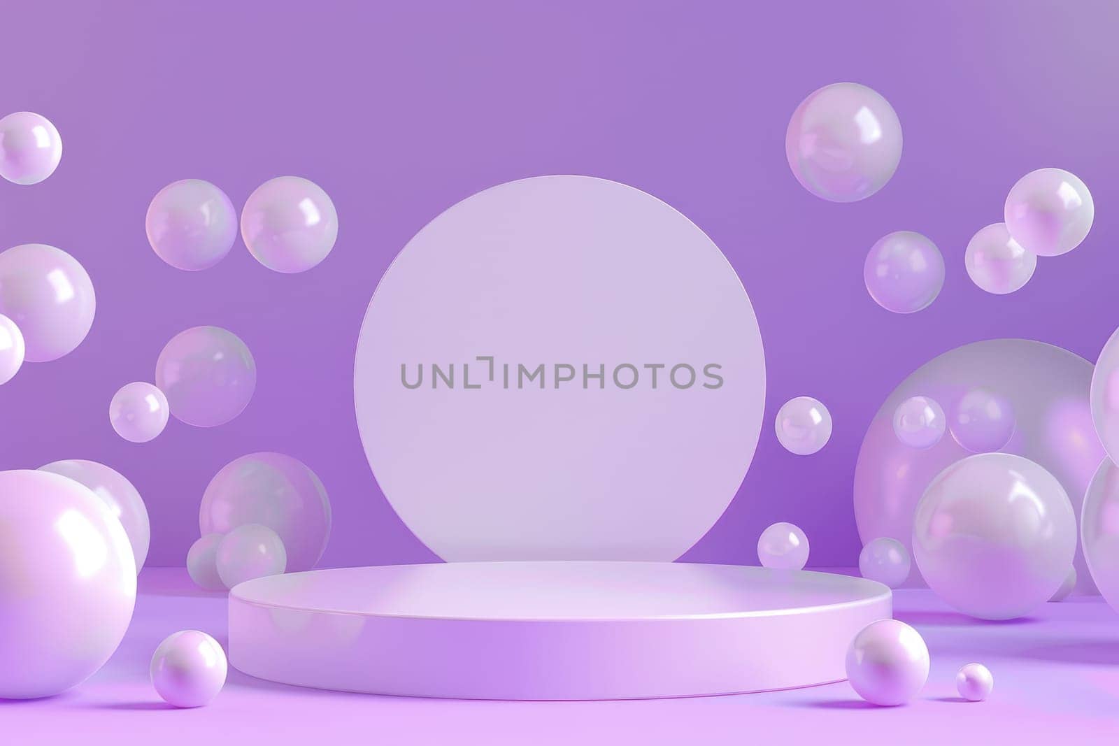 3D render of a minimalist circular podium, surrounded by floating geometric shapes, soft purple background by AI generated image by wichayada
