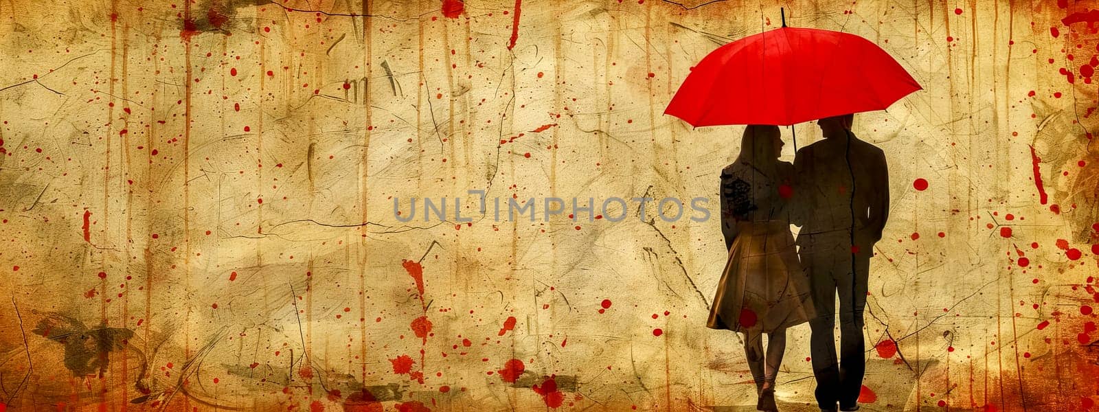 Silhouette of a couple with a bright red umbrella against a grunge, paint-splattered backdrop