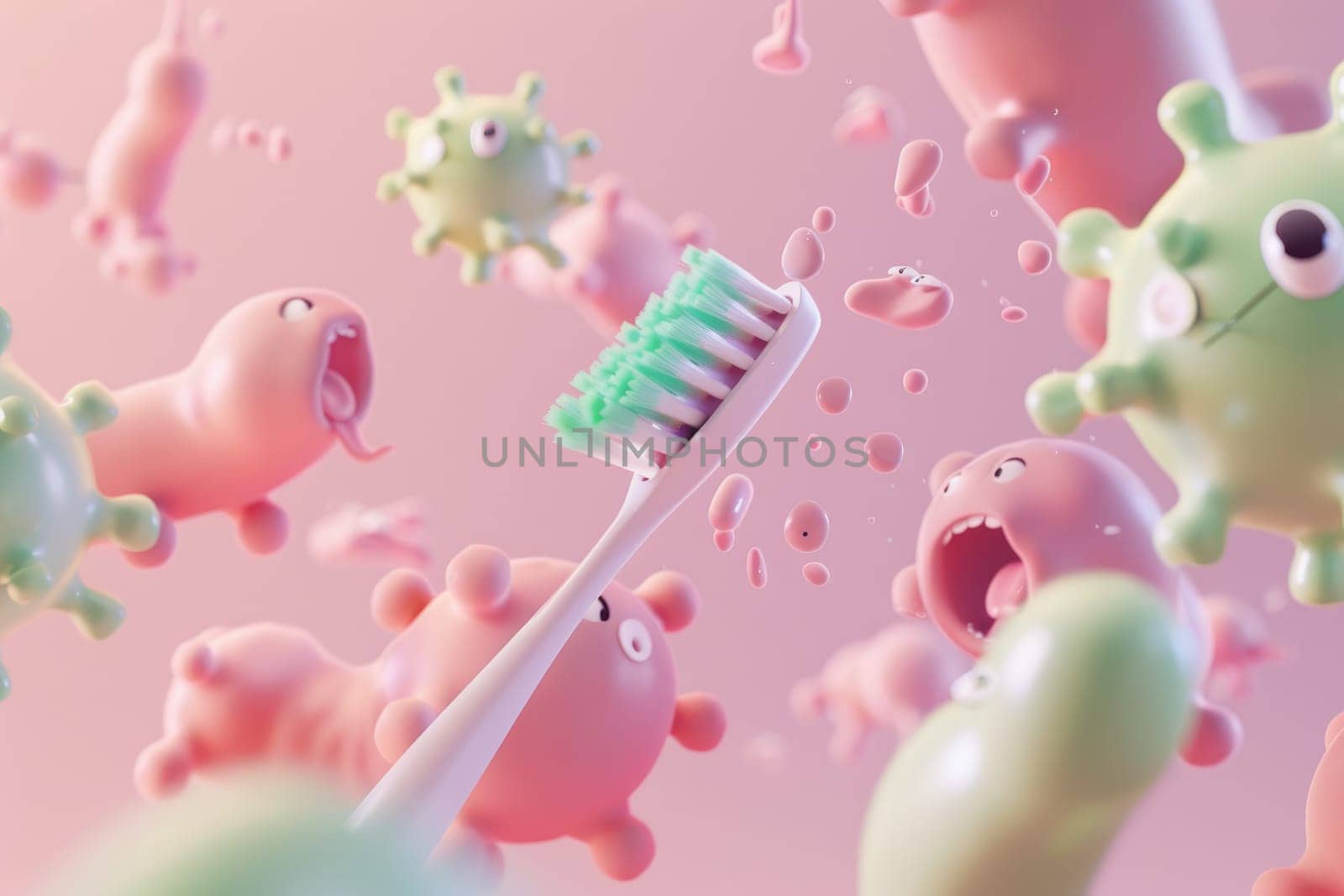 A minimalist 3D scene featuring a charming toothbrush heroically escaping a horde of cartoon. by AI generated image.