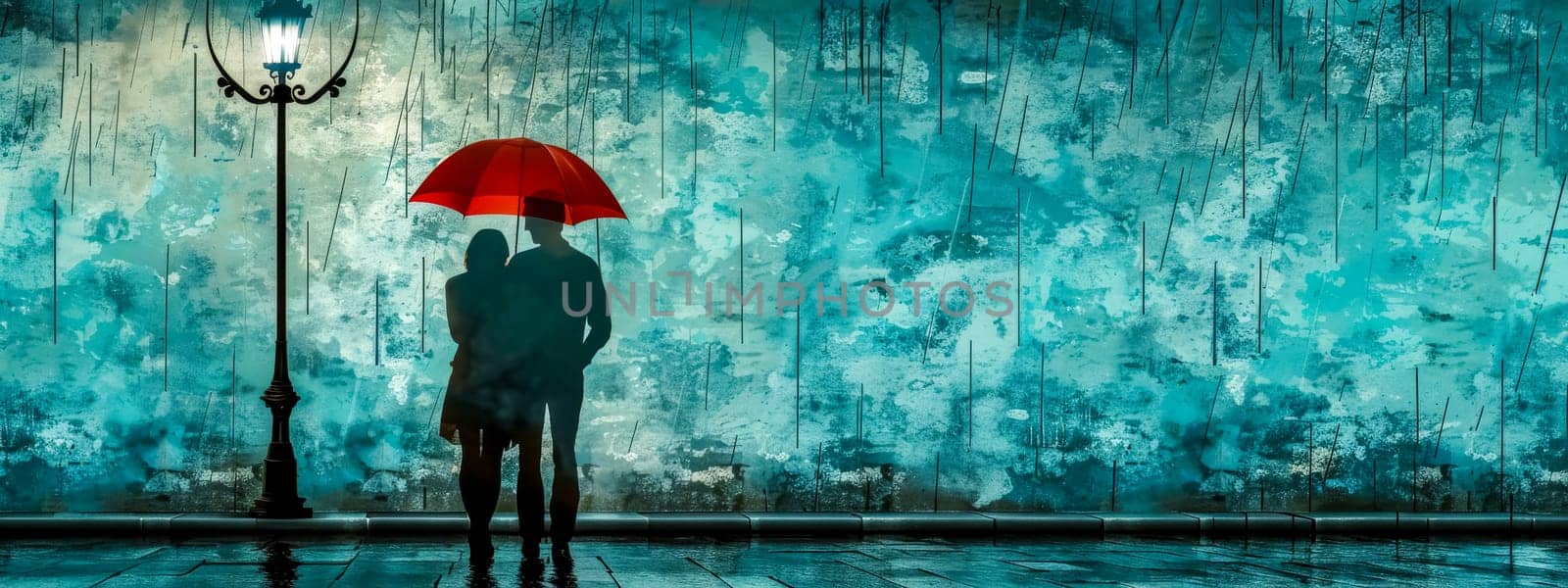 A romantic silhouette of a couple sharing an umbrella by the streetlight on a rainy evening