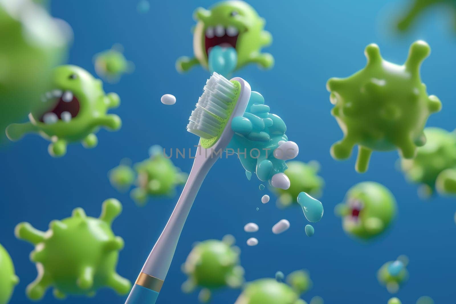 A minimalist 3D scene featuring a charming toothbrush heroically escaping a horde of cartoon. by AI generated image by wichayada