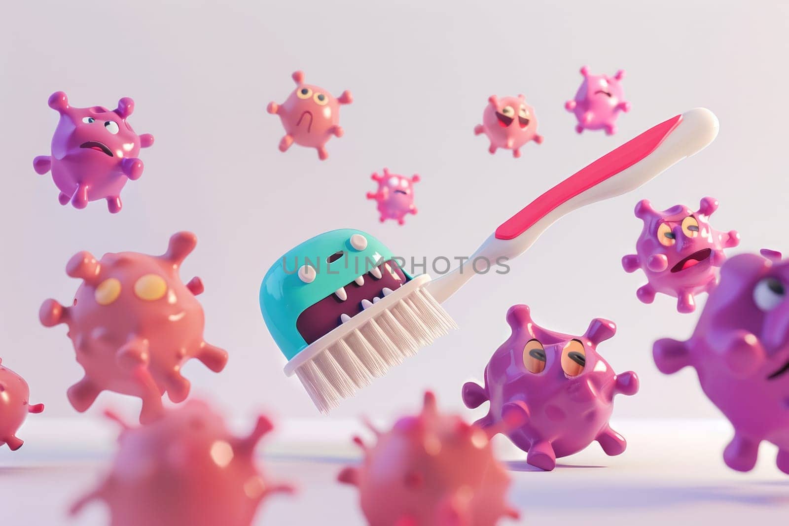 A minimalist 3D scene featuring a charming toothbrush heroically escaping a horde of cartoon. by AI generated image by wichayada