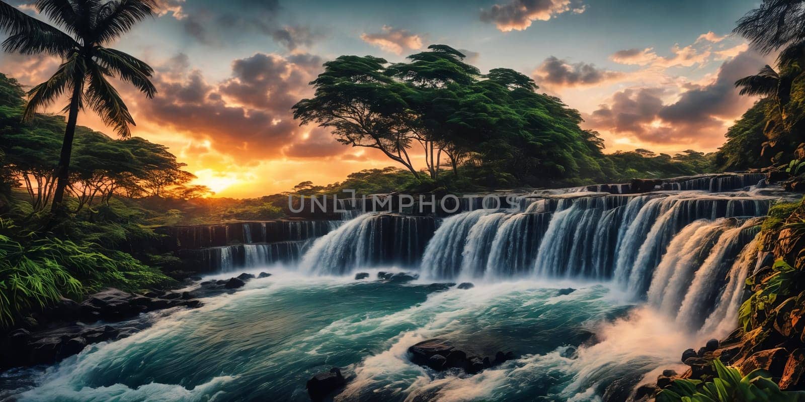 Fantasy landscape with waterfall at sunset, panorama.
