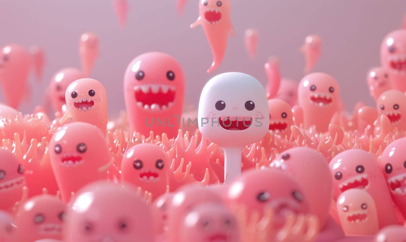 A minimalist 3D scene featuring a charming toothbrush heroically escaping a horde of cartoon. by AI generated image.