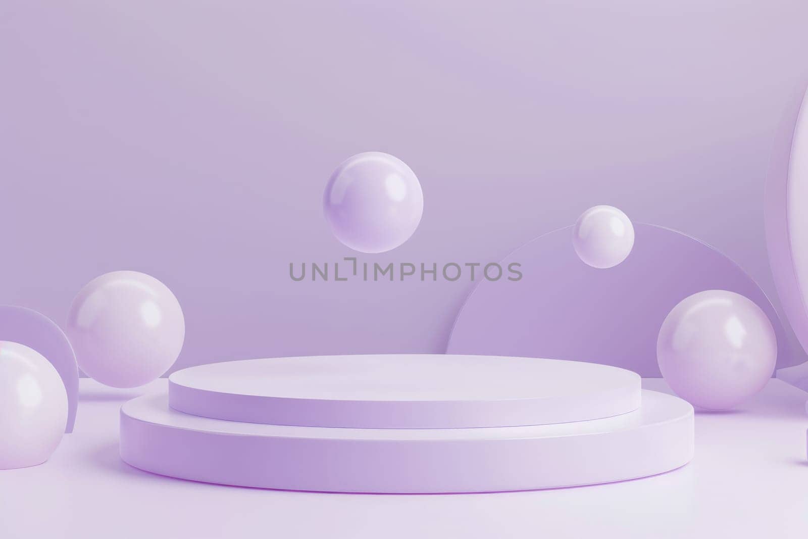 3D render of a minimalist circular podium, surrounded by floating geometric shapes, soft purple background by AI generated image by wichayada