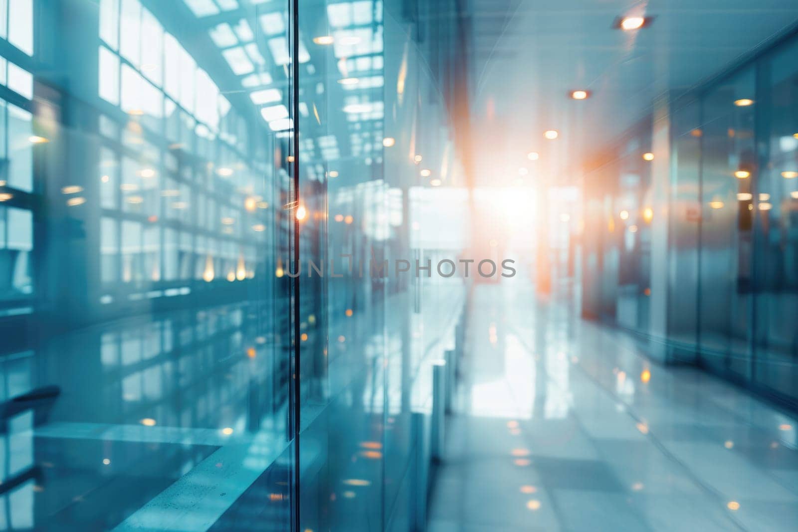 Blurred glass wall of modern business office building at business center used as background by AI generated image by wichayada