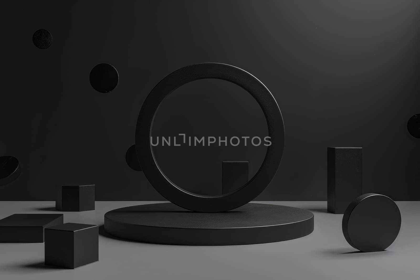 3D render of a minimalist circular podium, surrounded by floating geometric shapes, soft black background by AI generated image by wichayada