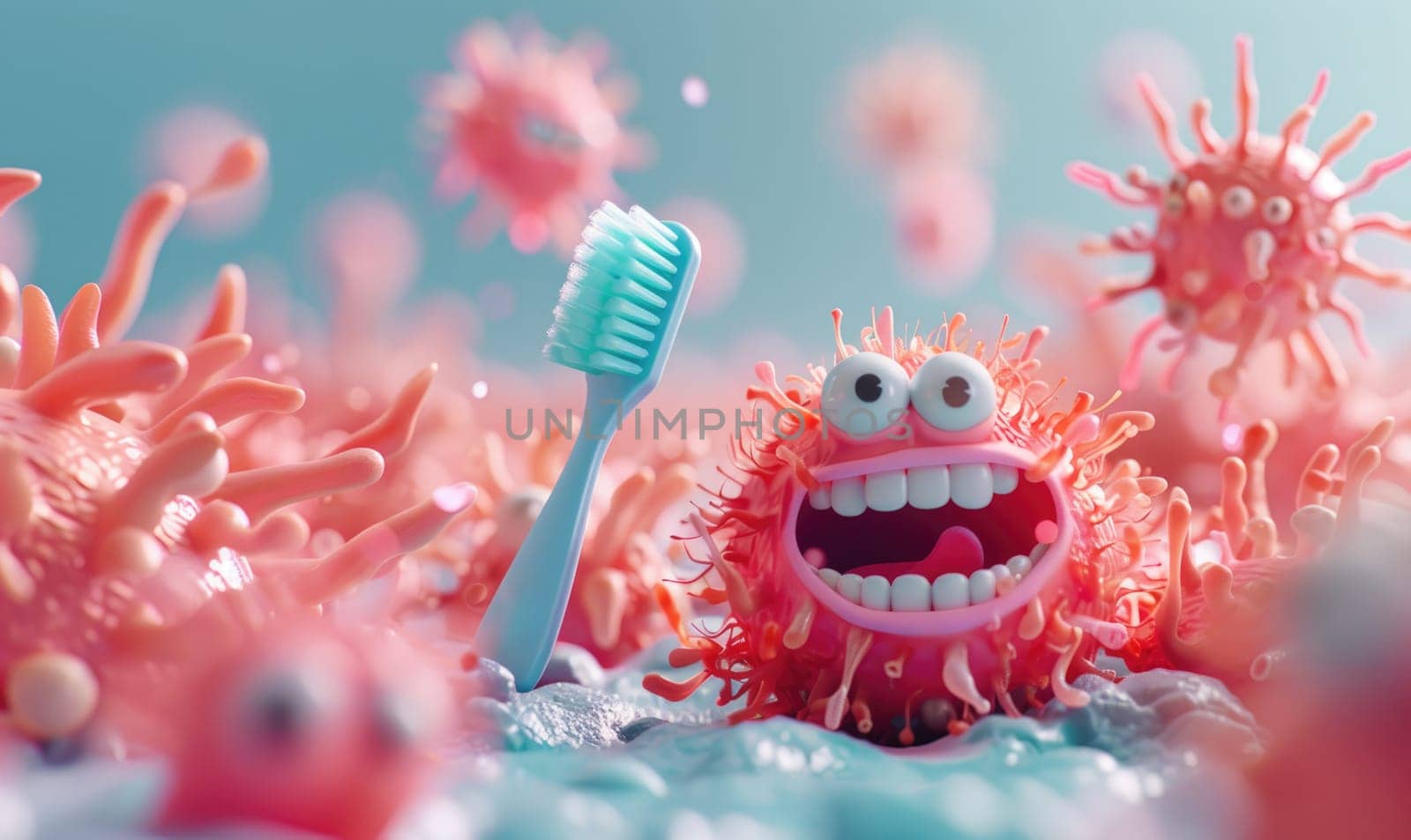 A minimalist 3D scene featuring a charming toothbrush heroically escaping a horde of cartoon. by AI generated image.