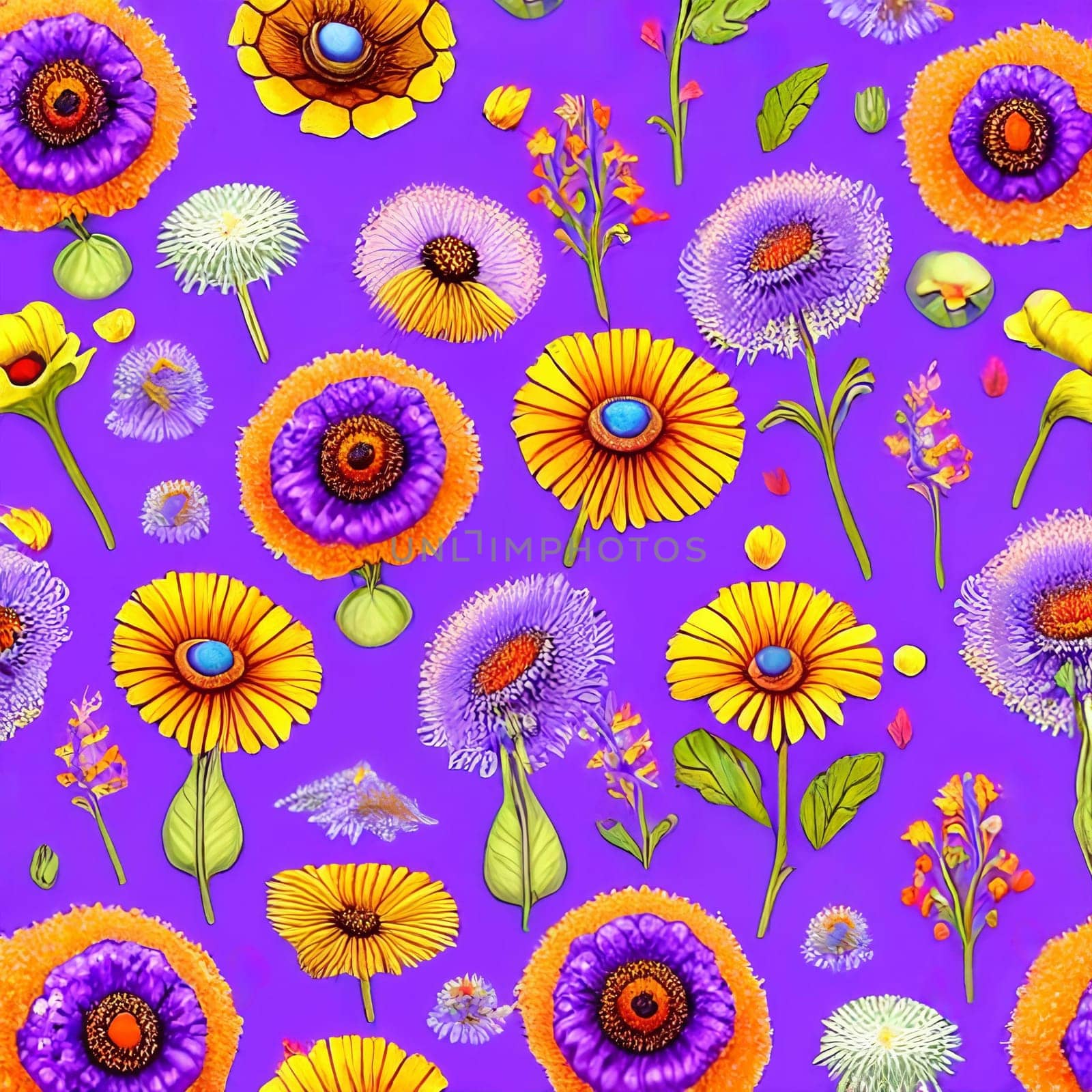 Whimsical and enchanting background using a blend of wildflowers such as dandelions, lavender, and poppies. Panorama