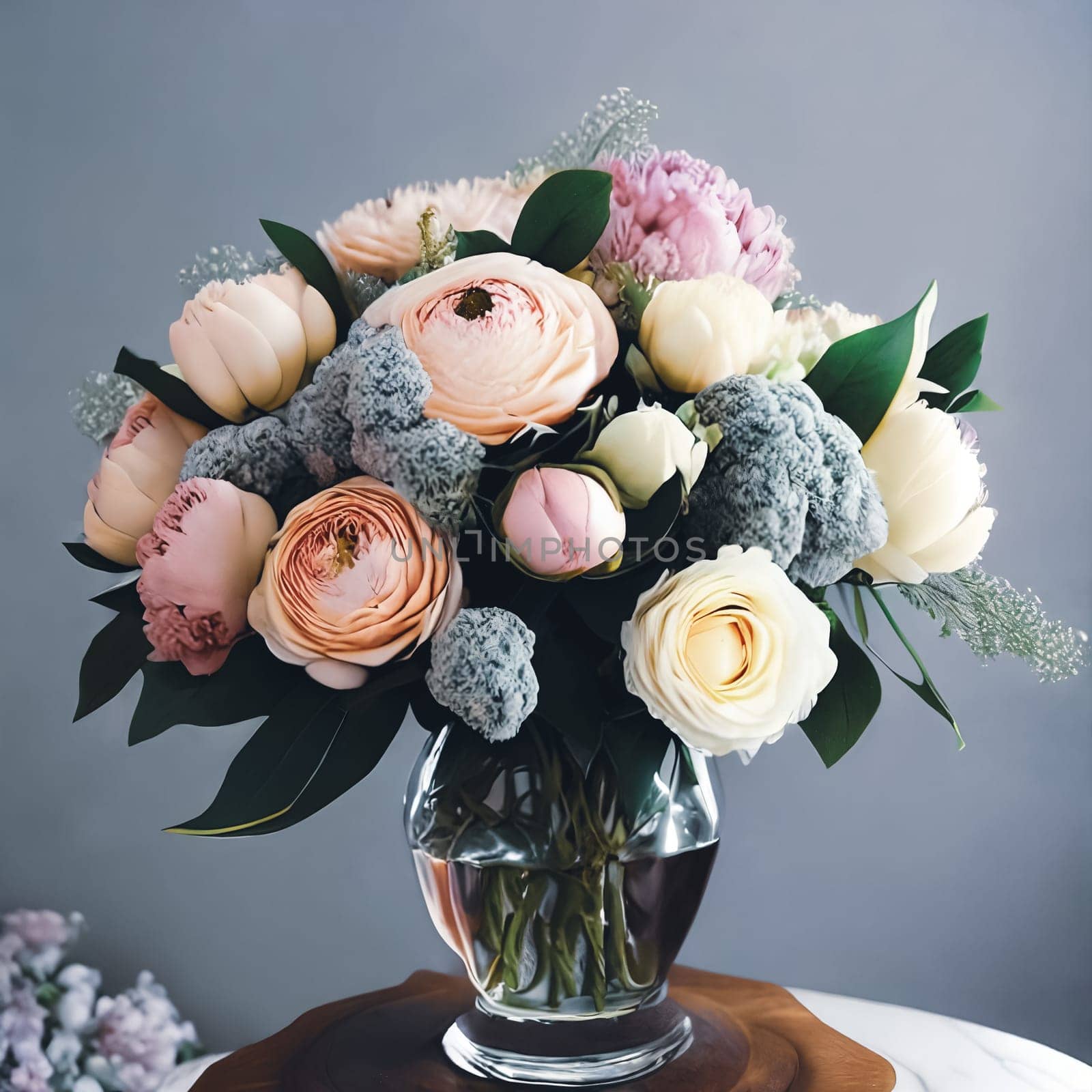 Floral Elegance. A vibrant bouquet of spring flowers arranged in a stylish vase with soft natural lighting to symbolize elegance and femininity