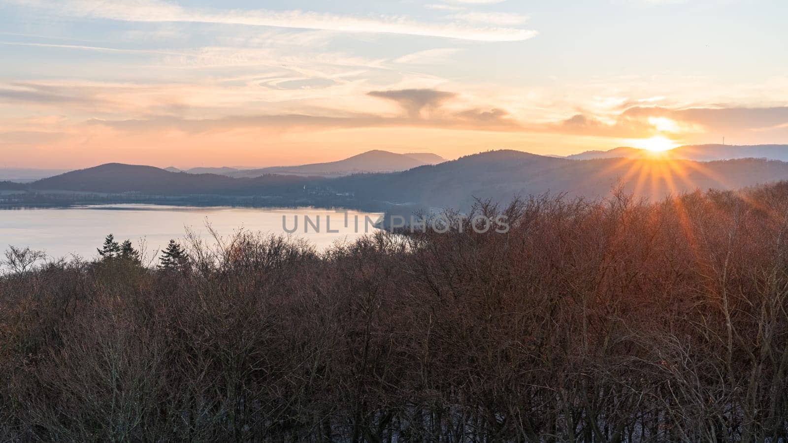 Panoramic image of Laacher lake during sunset, Eifel, Rhineland-Palatinate, Germany