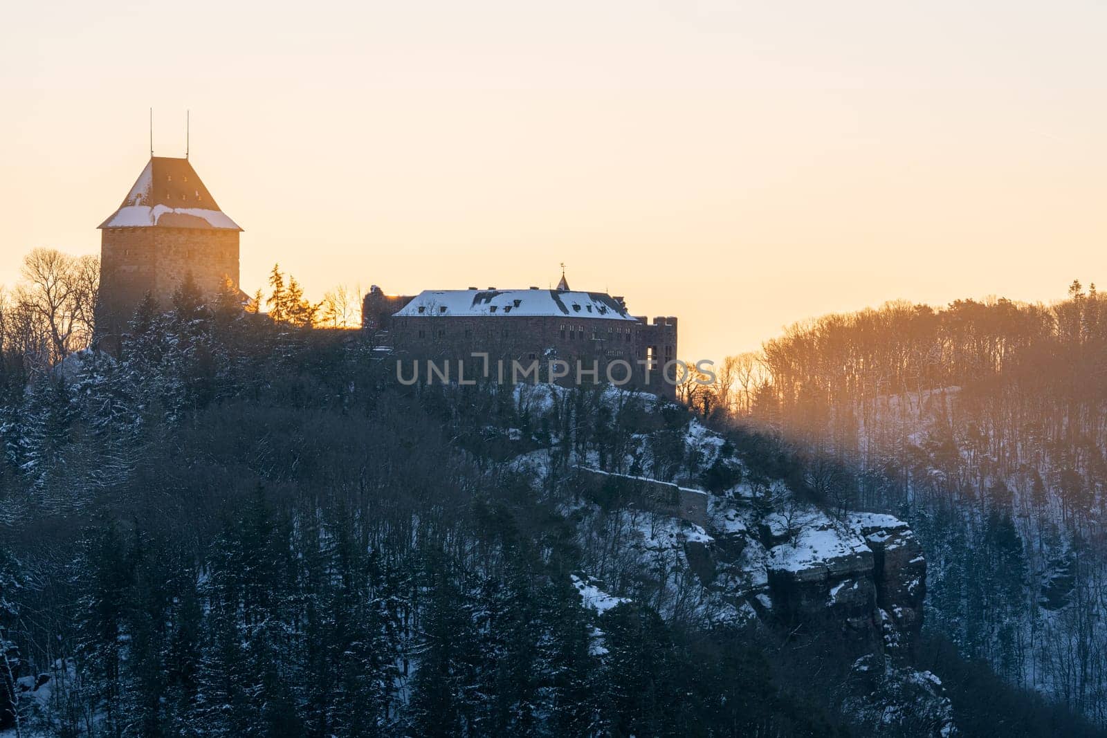 Panoramic image of Nideggen castle during sunrise, Eifel, North Rhine Westfalia, Germany