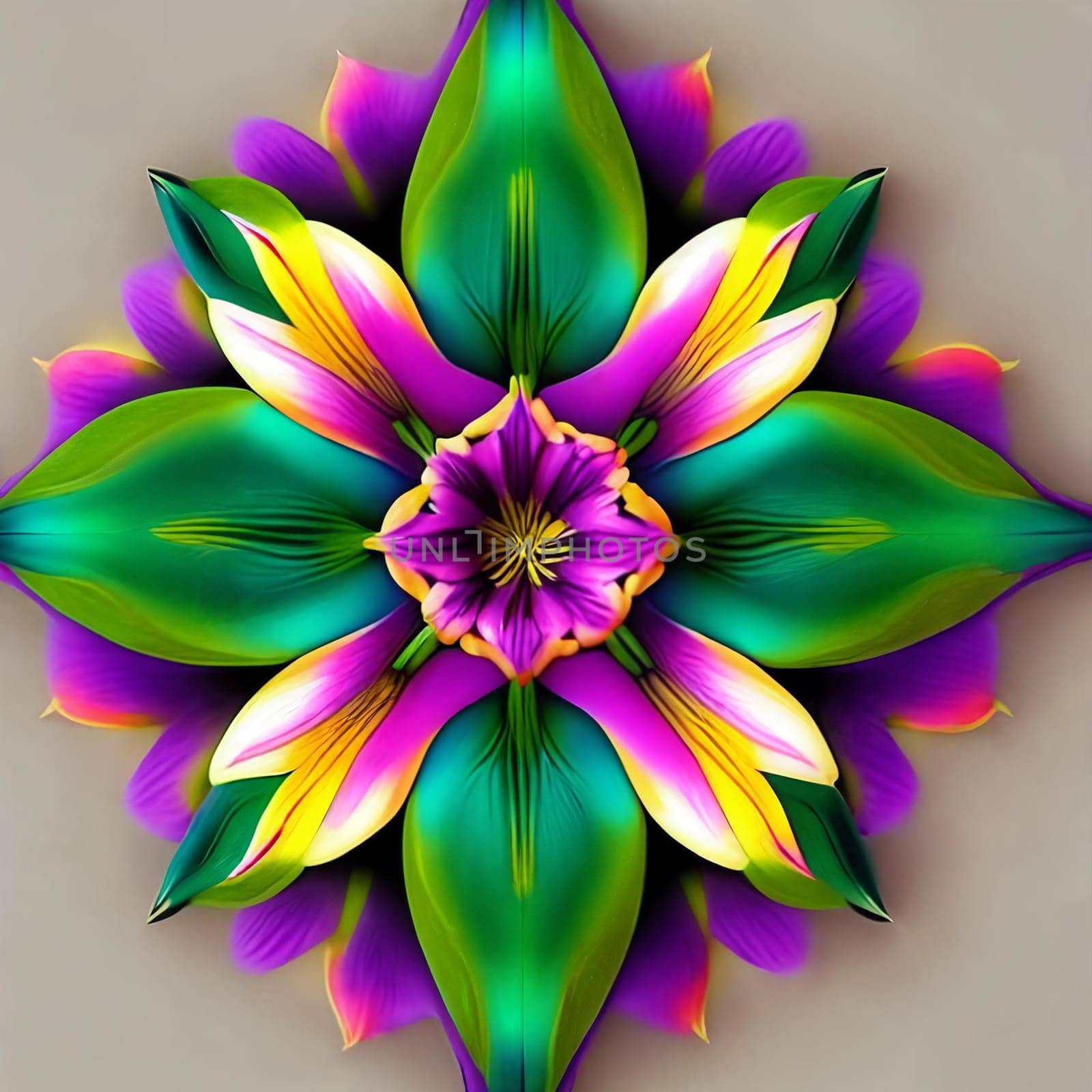 Beauty of symmetry by arranging an assortment of vibrant lilies in a geometric pattern. Panorama