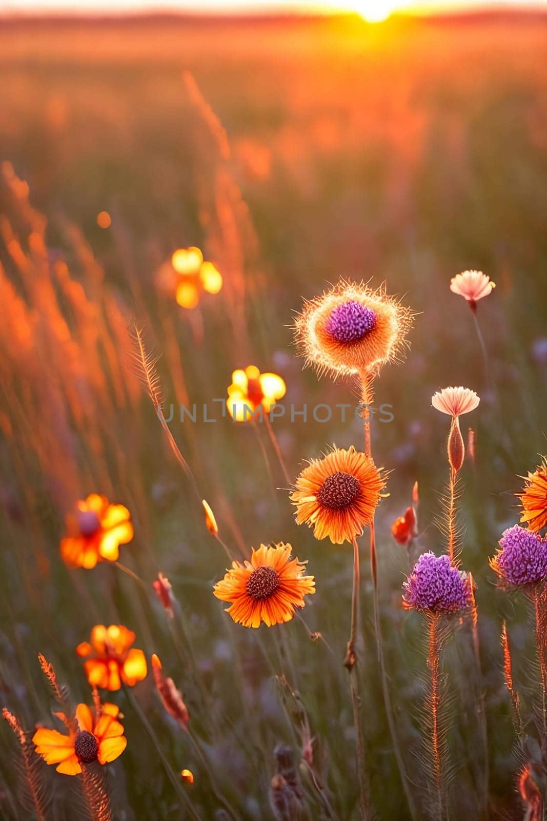 Golden Hour Glow. Warm, soft light of the setting sun illuminating delicate wildflowers or intricate spiderwebs in a field, highlighting their natural beauty.