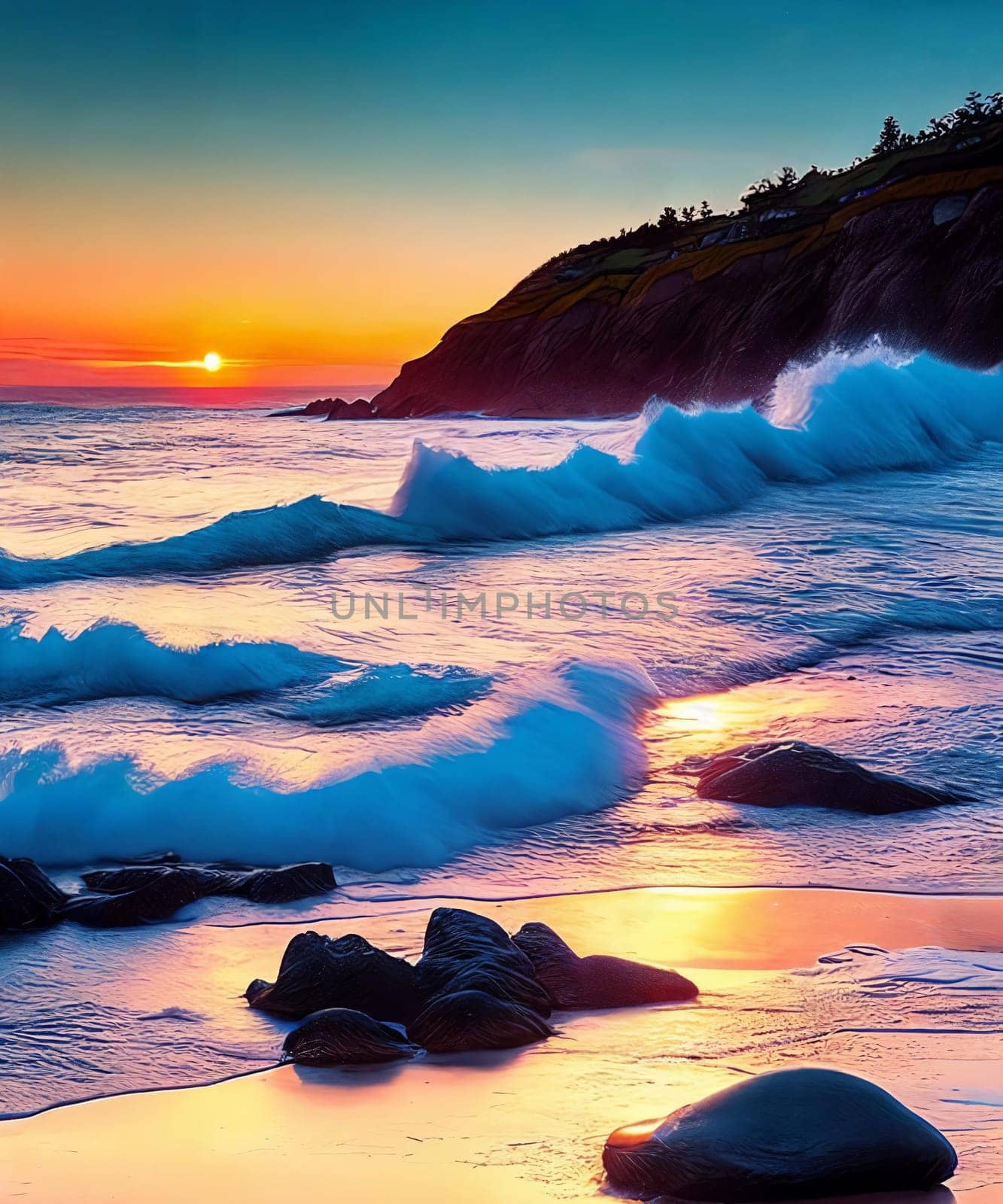 Coastal Charm. Rugged beauty of a coastline at sunset, capturing the intricate patterns of rocks and shells washed by the gentle waves under the warm, golden light.