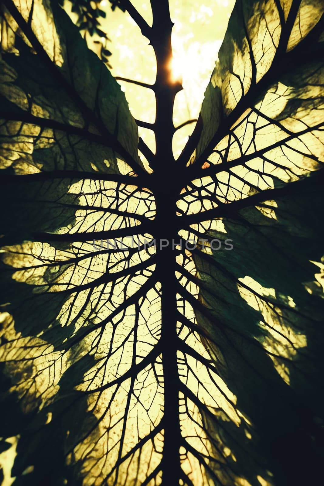 Forest Whispers. Single leaf in a dark forest as the setting sun filters through the canopy, highlighting the intricate veins and textures in a magical play of light and shadow.