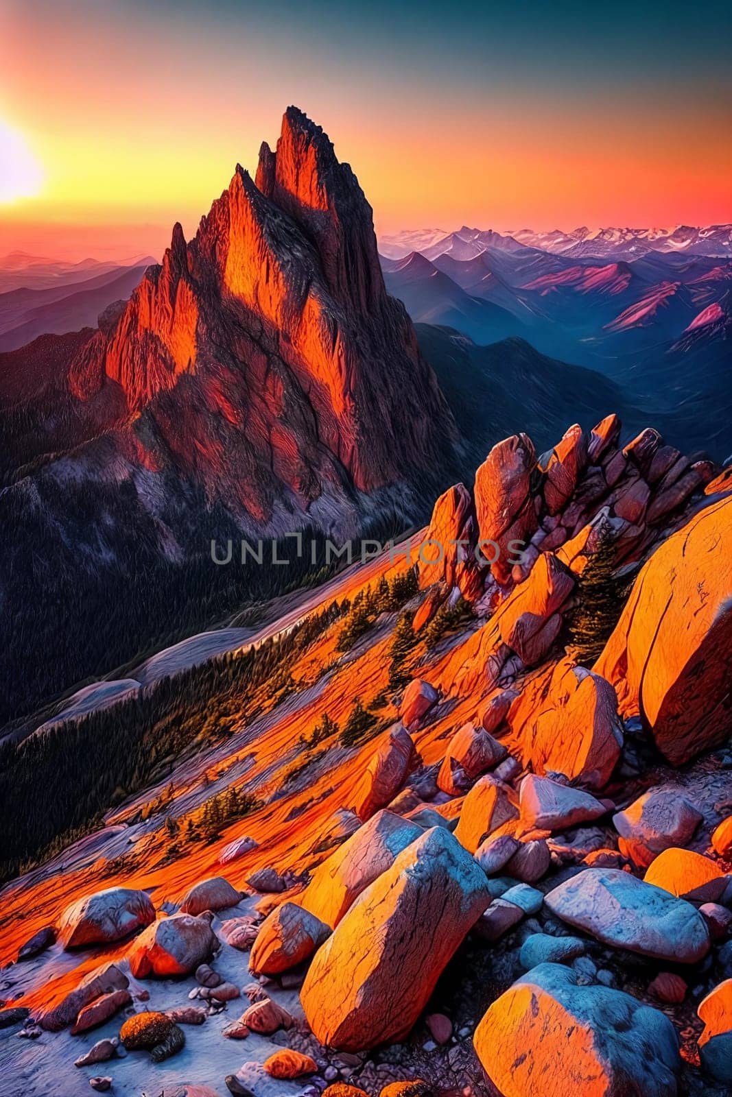 Mountain Majesty. Rugged beauty of a mountain peak at sunset, focusing on the intricate details of rocks and vegetation bathed in the warm, golden light of the fading day.