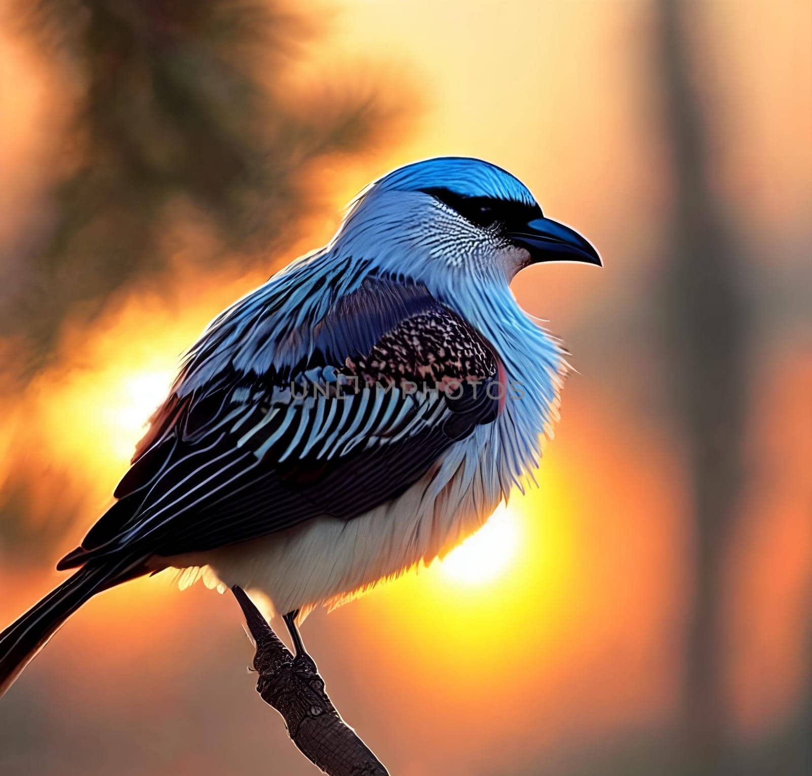Avian Elegance. Bird perched on a branch against the setting sun, highlighting the intricate details of its feathers and the delicate play of light on its plumage in a stunning close-up shot.