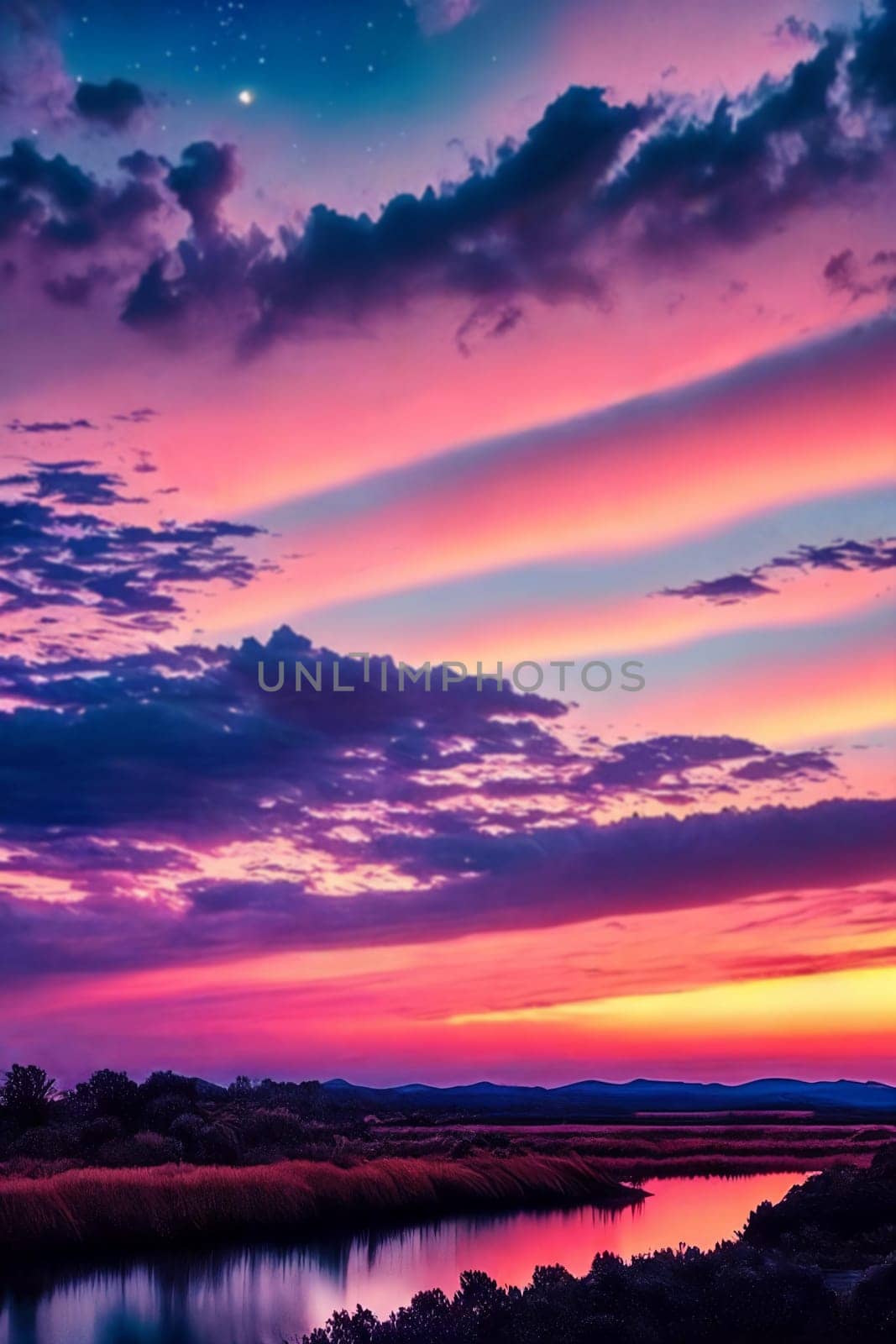 Celestial Serenity. Beauty of a star-filled sky at sunset, capturing the intricate patterns of clouds and the soft hues of twilight in a mesmerizing composition that connects nature's wonders from dusk till nightfall.