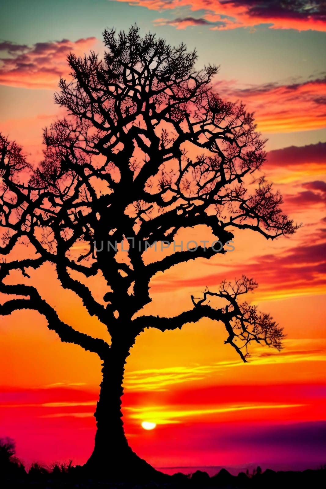 Silhouetted Silhouettes. Alone tree against the vibrant sunset sky, emphasizing its intricate branches and leaves in shadowy contrast against the colorful backdrop.