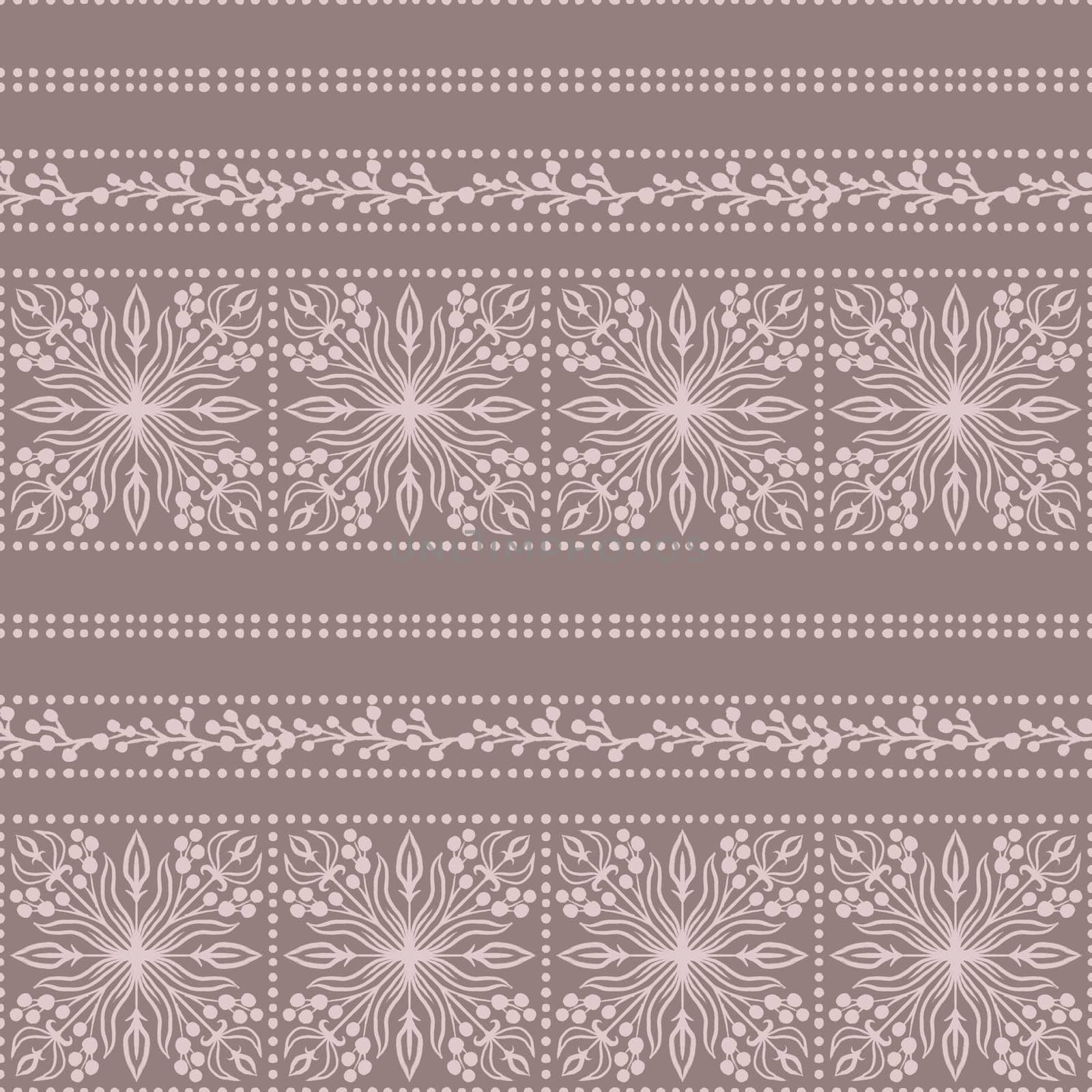Hand drawn seamless pattern with bandana oriental ethnic elements beige grey background. Elegant pastekl leaves berries, traditional decorative headscarf western ornament