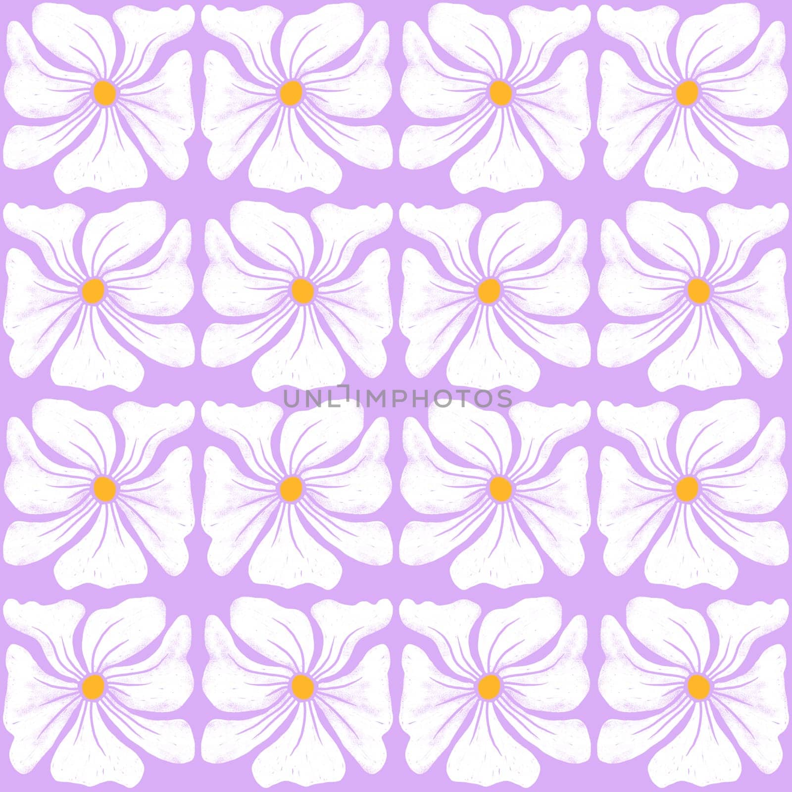 Hand drawn seamless pattern with white mid century modern daisy flowers on purplebackground. Retro vintage floral print with red blobs, hippie bloom blossom nature design, warm pastel color