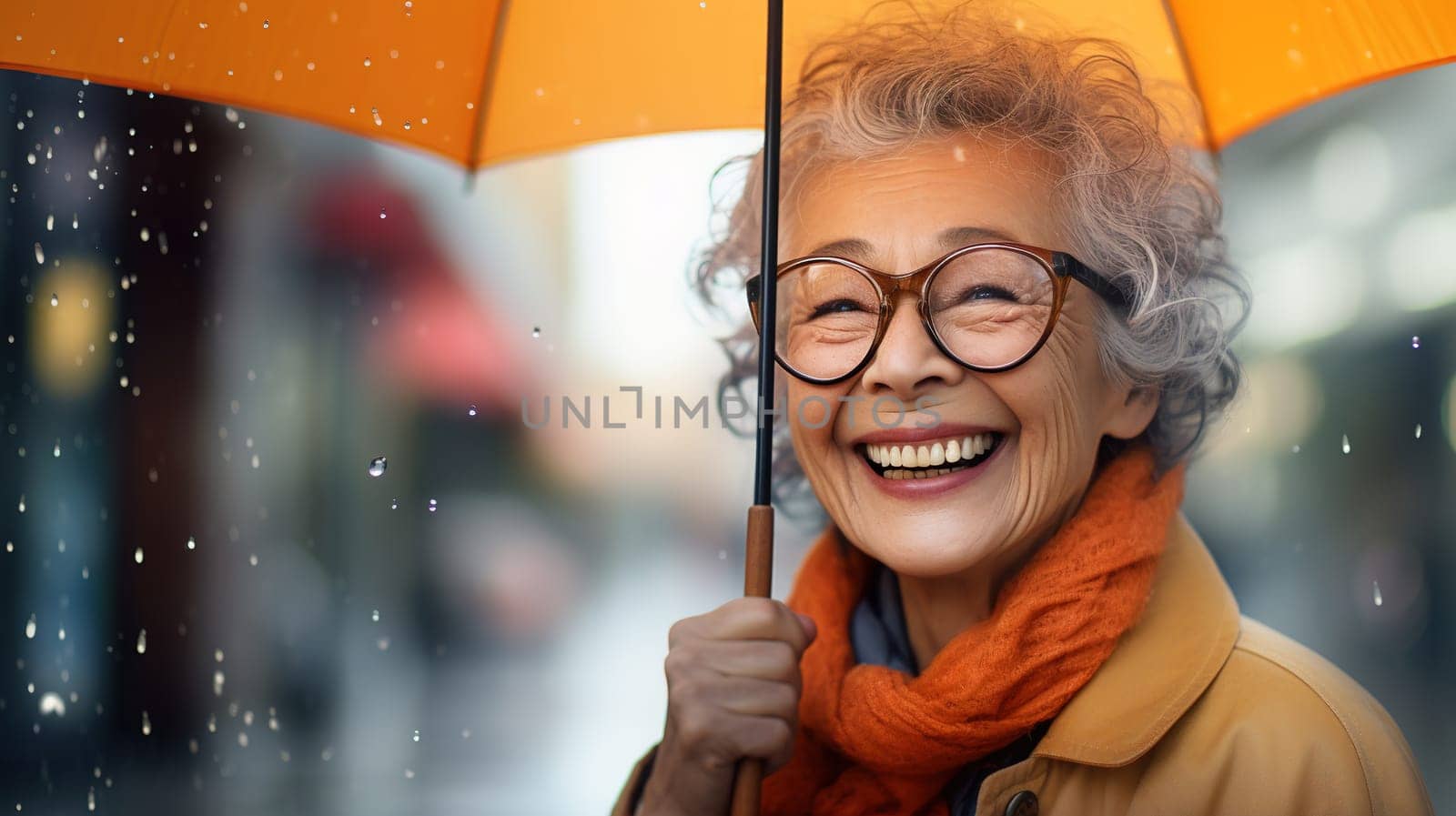 Fashionable happy Asian smiling senior woman wearing peach scarf and pink umbrella, wearing glasses, portrait on city street, space for text,Generated AI