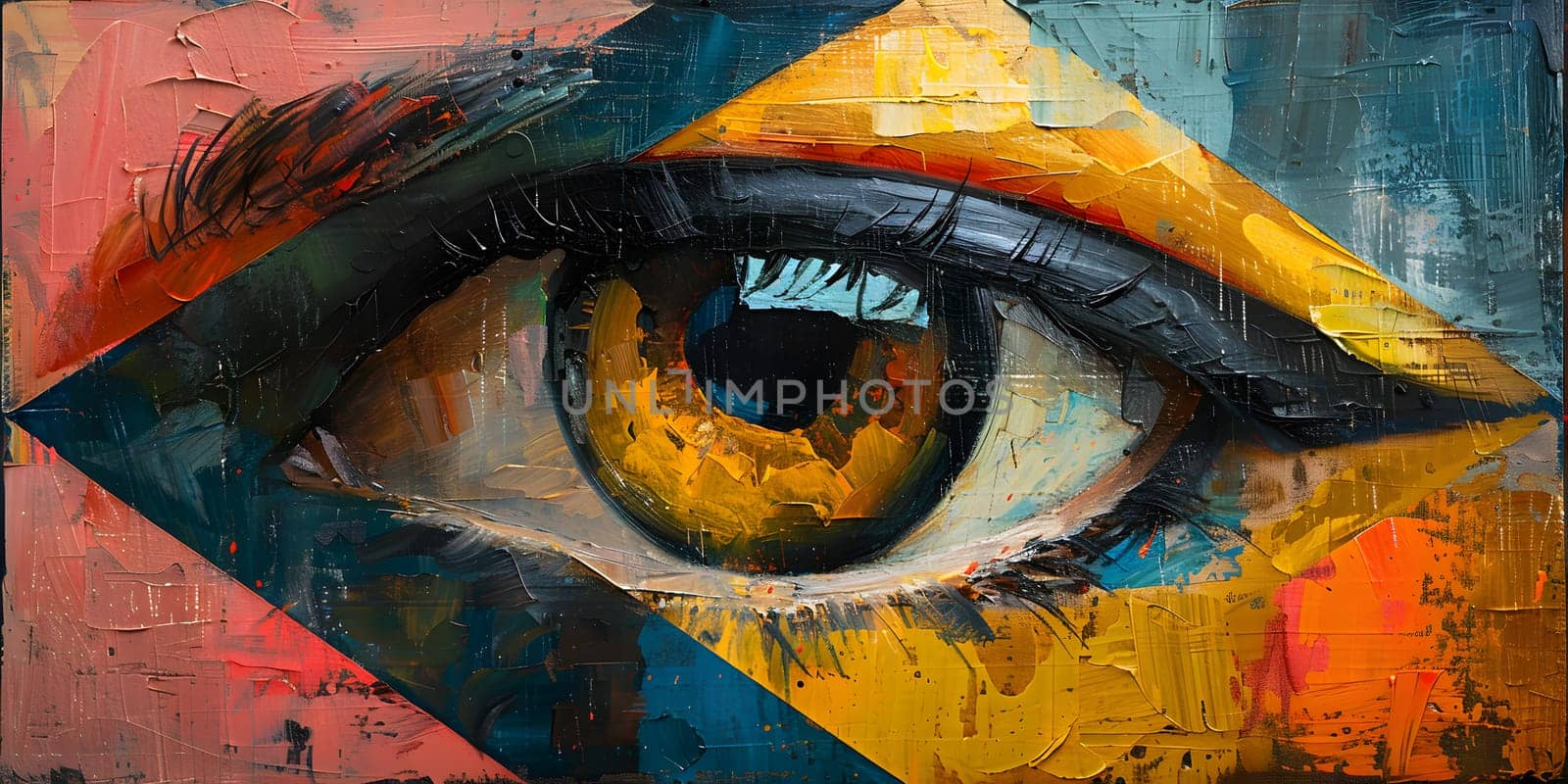 A mesmerizing painting of a womans azure eye with detailed eyelashes and a perfectly shaped eyebrow, against a vibrant and colorful background