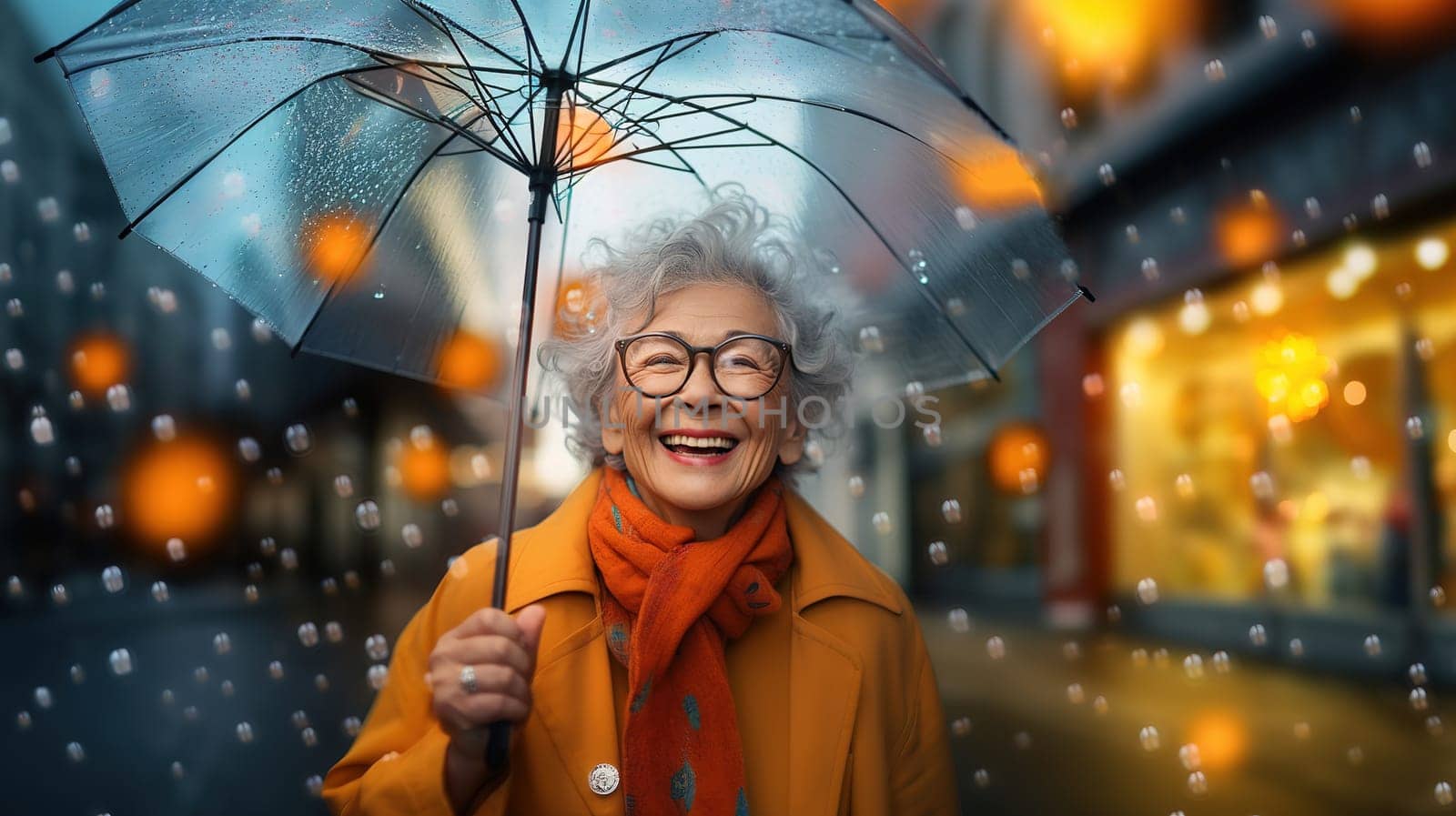 Fashionable happy Asian smiling senior woman wearing orange scarf with umbrella and glasses,portrait on city street by KaterinaDalemans