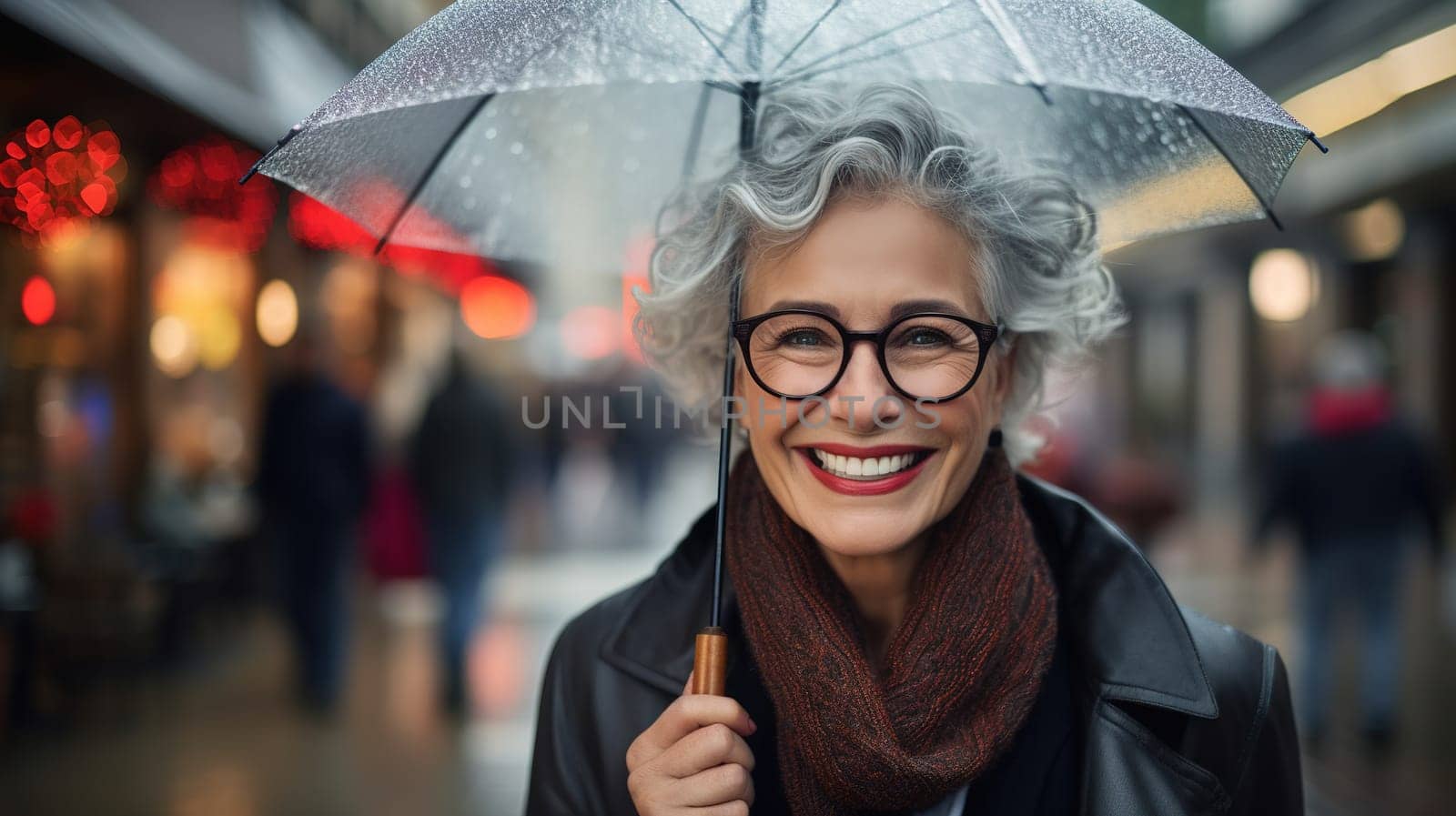 Gray haired happy Caucasian smiling elderly woman in stylish black cardigan with transparent umbrella,wearing glasses, portrait on a city street, space for text, Generated AI