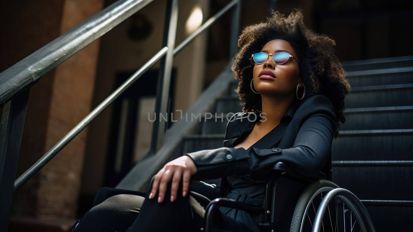 young African American woman, blind, glasses and paralyzed, in a wheelchair waiting for help to climb the stairs, wheelchair accessible housing, Generated AI