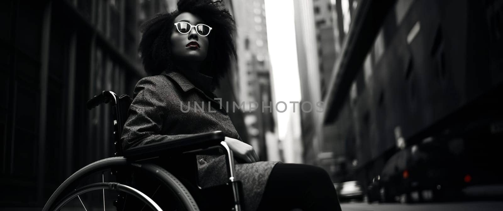 Portrait of black woman in wheelchair wearing glasses in busy city,urban accessibility for people with disabilities by KaterinaDalemans