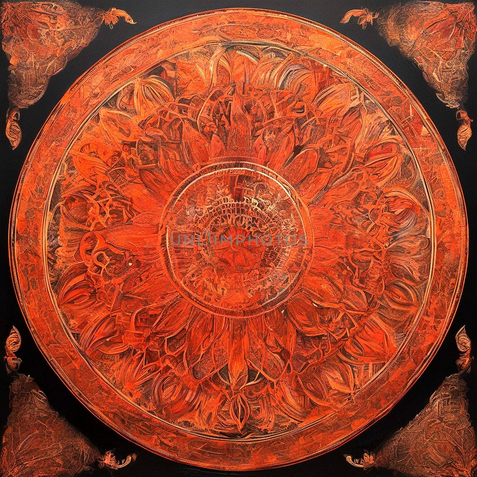 Kaleidoscope of a glowing Tibetan mandala in red orange golden colors, circle symmetrical design.
