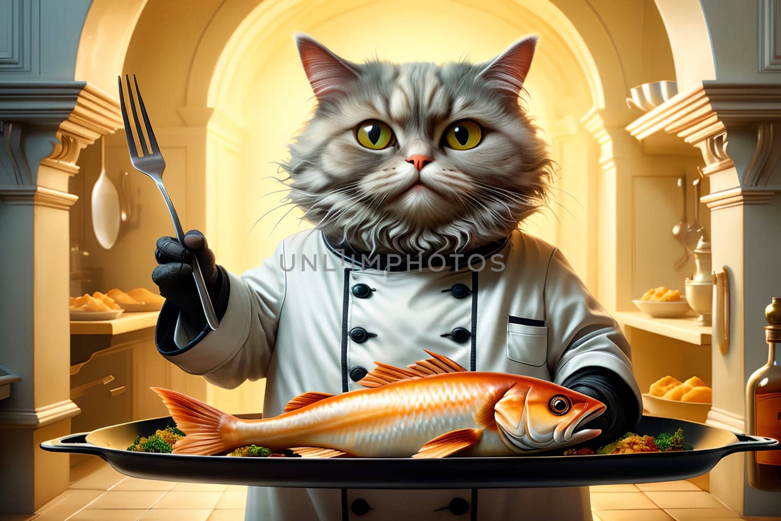 cat chef with cooked fish . AI generated image.