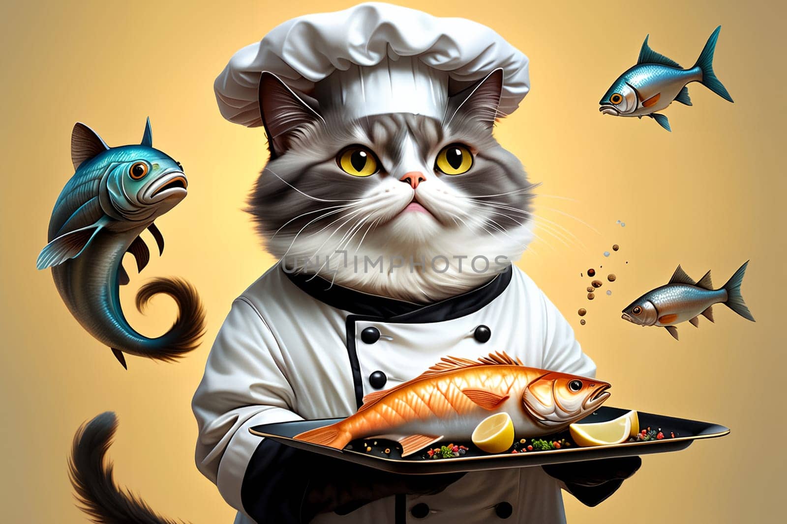 cat chef with cooked fish . AI generated image.