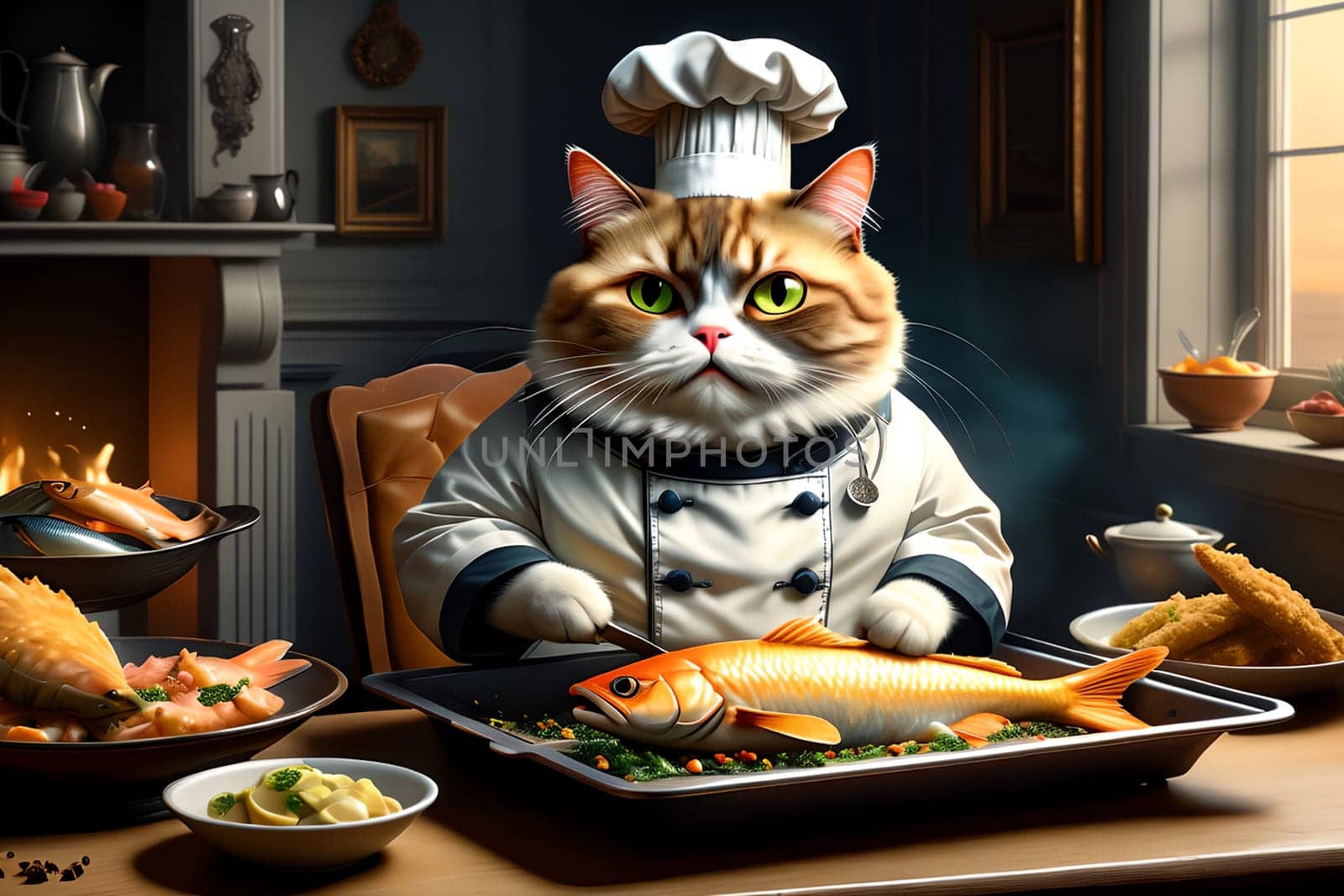 cat chef with cooked fish by Rawlik