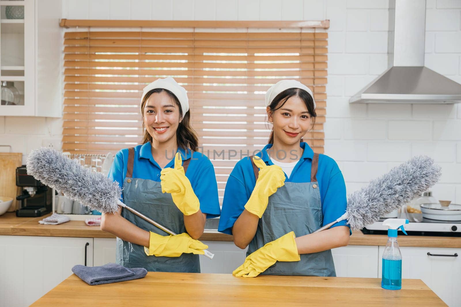 Cleaning service women in uniform stand on kitchen counter holding duster foggy spray and rag. Emphasizing teamwork in efficient housework. Clean portrait two uniform maid working smiling employee.