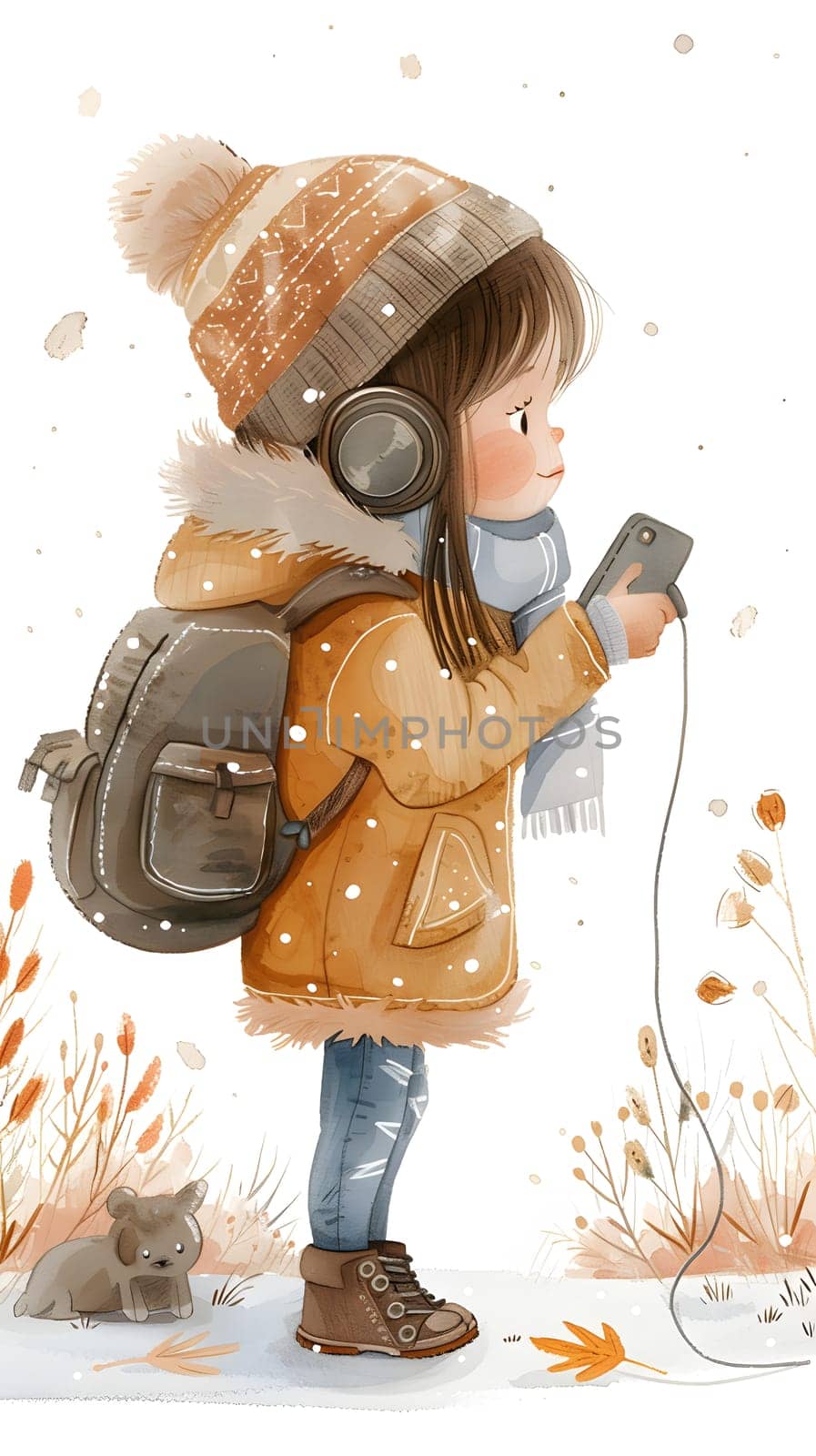A young girl with a helmet and furlined sleeve is having fun in the snow, holding a cell phone while wearing headphones and a backpack as she enjoys the freezing precipitation