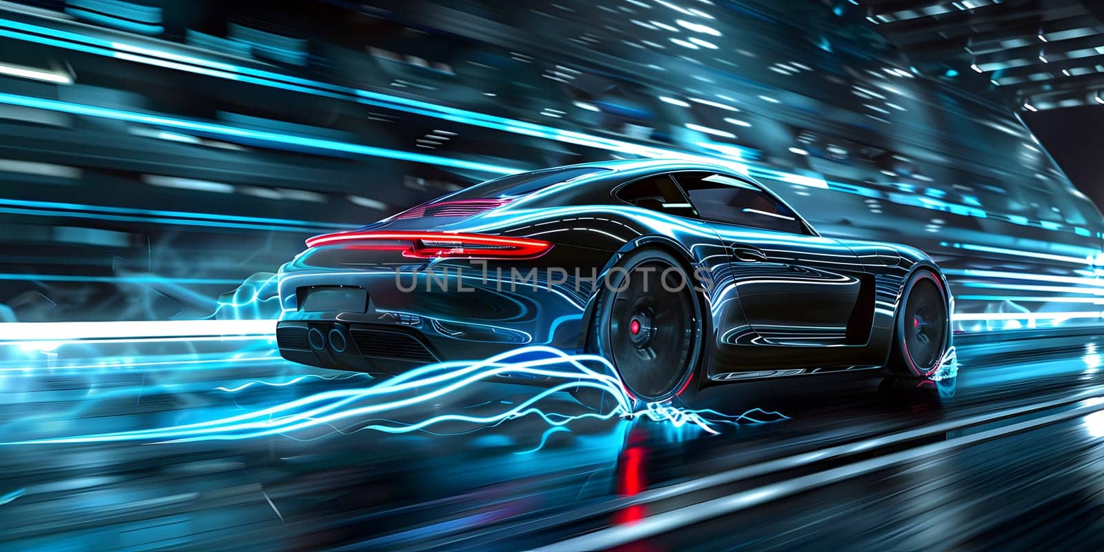 A sleek futuristic car is cruising down a dark highway at night with its automotive lighting illuminating the road ahead