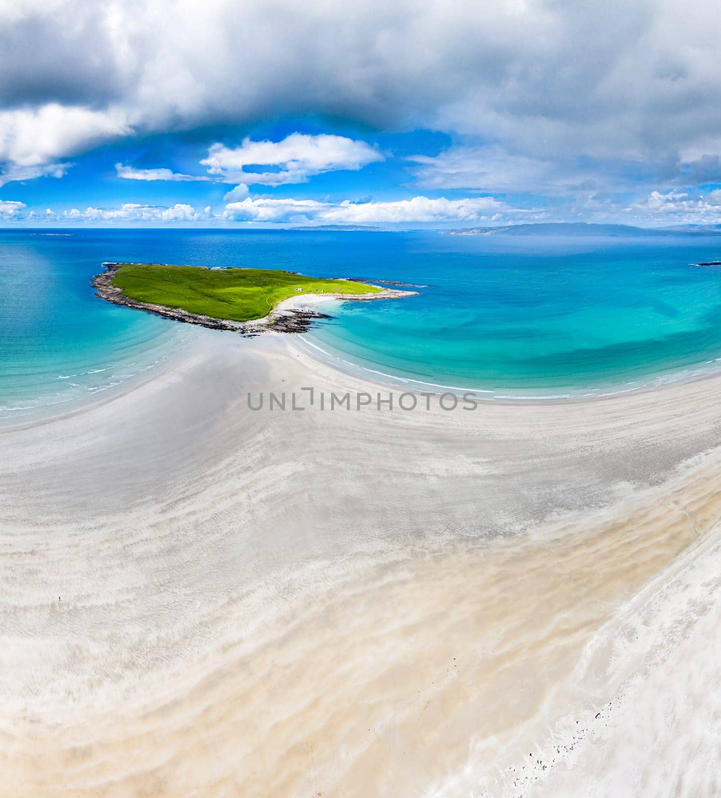 Aerial view of the Inishkeel and the awarded Narin Beach by Portnoo, County Donegal, Ireland.