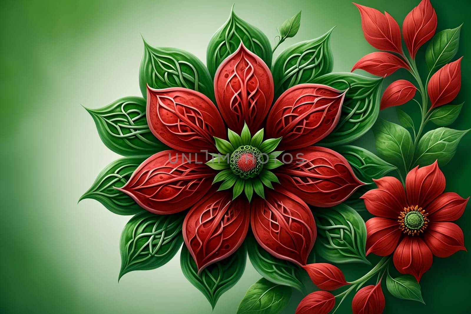 unusual multicolor flower with green foliage, isolated on green background